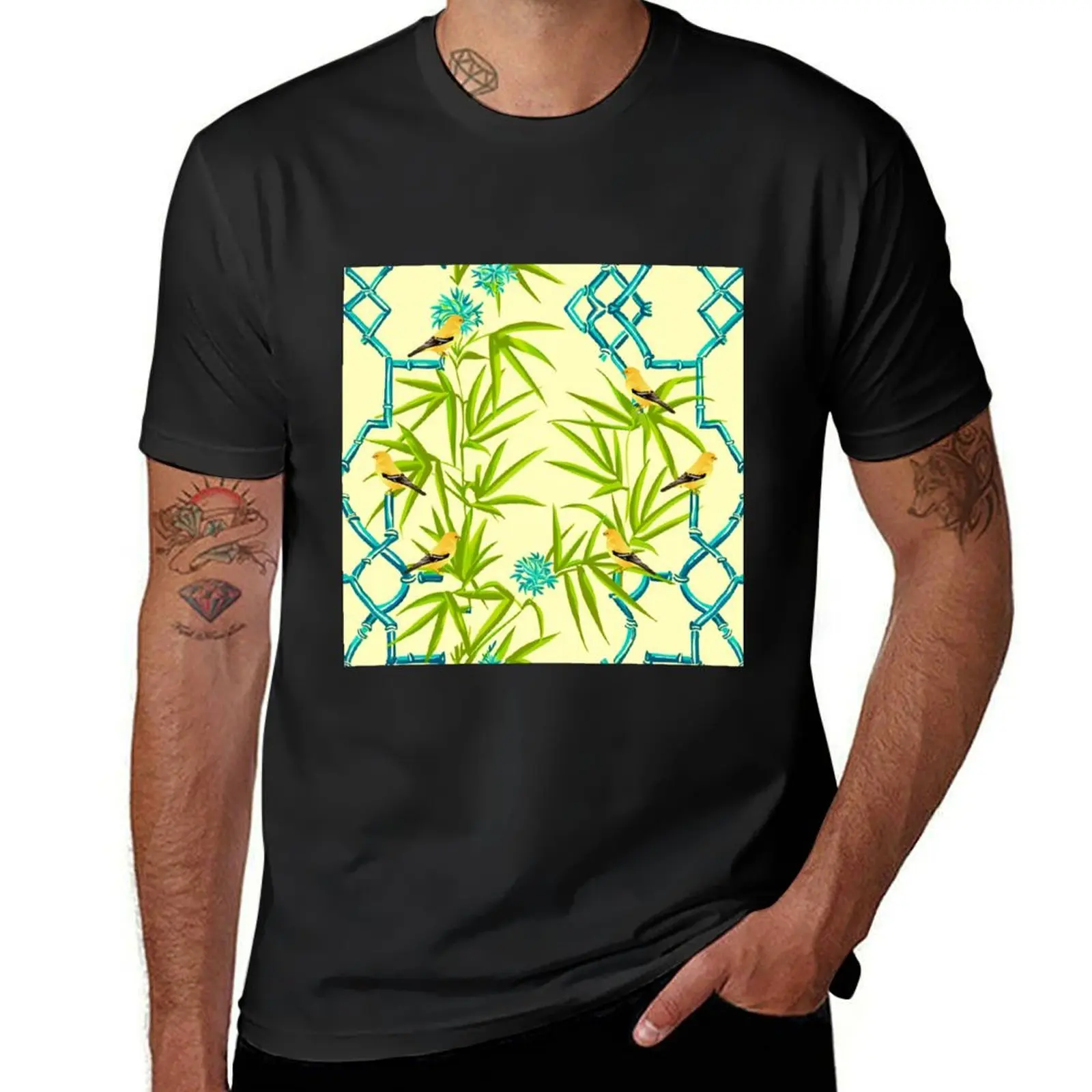 Bamboo chinoiserie lattice and birds T-Shirt customs design your own tops mens clothes