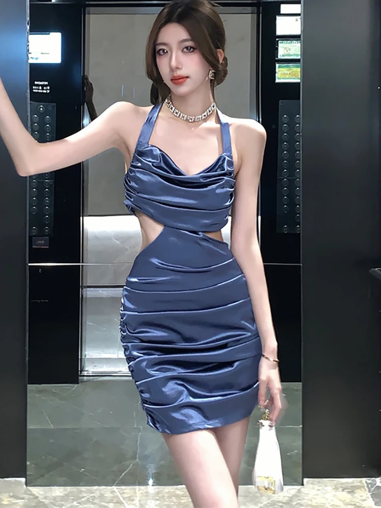 Frauen blau Satin aushöhlen sexy Hals montiert Kleid Sommer elegante lässige Abschluss ball Kleidung koreanische Vintage Bodycon Abendkleid