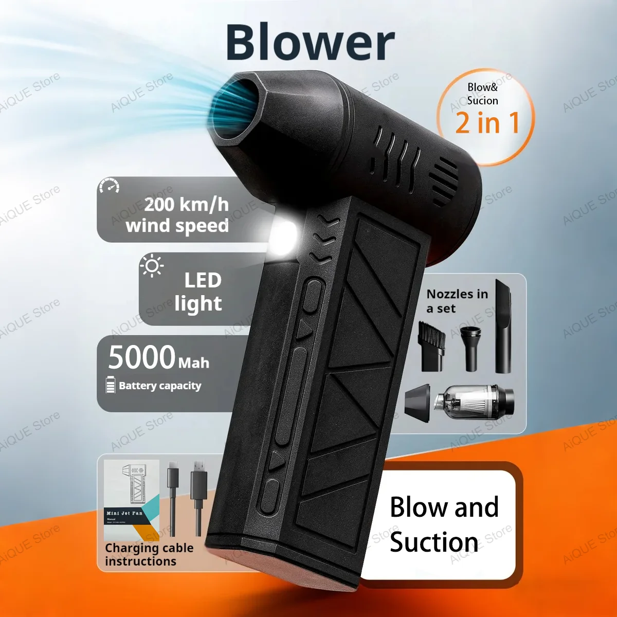 

AiQUE Вакуумный вентилятор 2в1 Turbo Jet 130000 об/мин Мощный воздуходувка Бесщеточный двигатель Турбовентилятор Струйный вентилятор Очистка воздуходувки для пыли