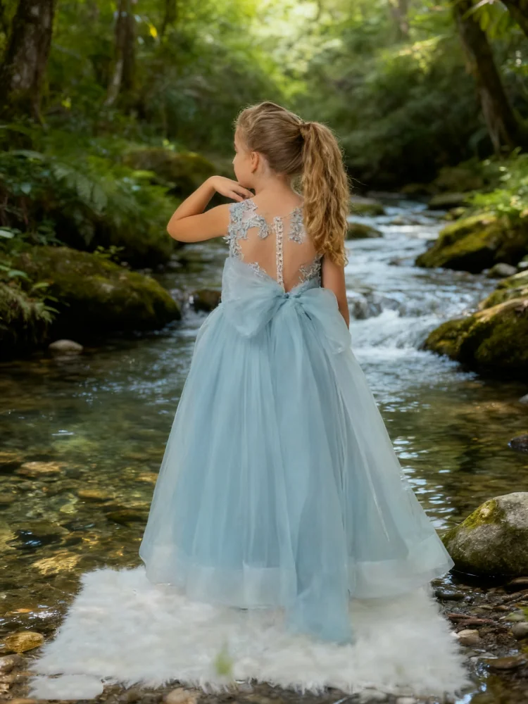 Blue Bridesmaid Dress for Girls  Crystal Appqulies Illusion Backless Ball Gown Wedding Party Flower Girl