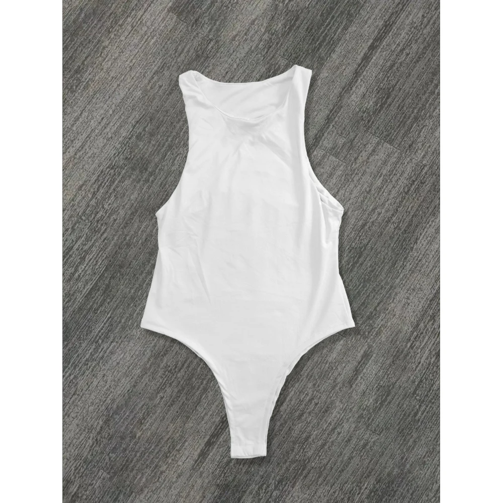 Basic White Sleeveless Bodysuit Women High Cut Daily Wear