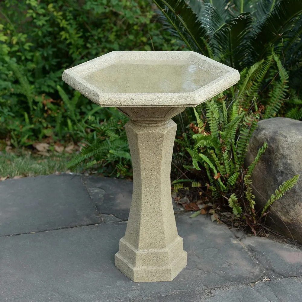 

Riviera Birdbath, Sandstone, Easy Assembly, Durable Resin, Contemporary Birdbath