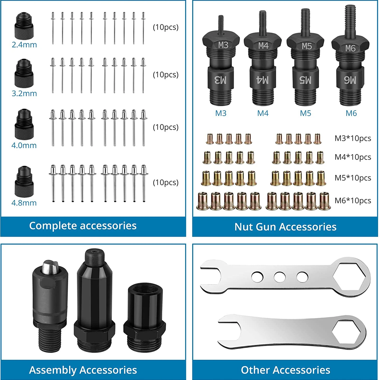 Alicates de tuerca de remache 2 en 1, juego de remachadora ciega de 10 pulgadas, herramienta de tuerca de remache de una mano M3 a M6, mandril métrico de 2,4 a 4,8mm, cabezales de remache