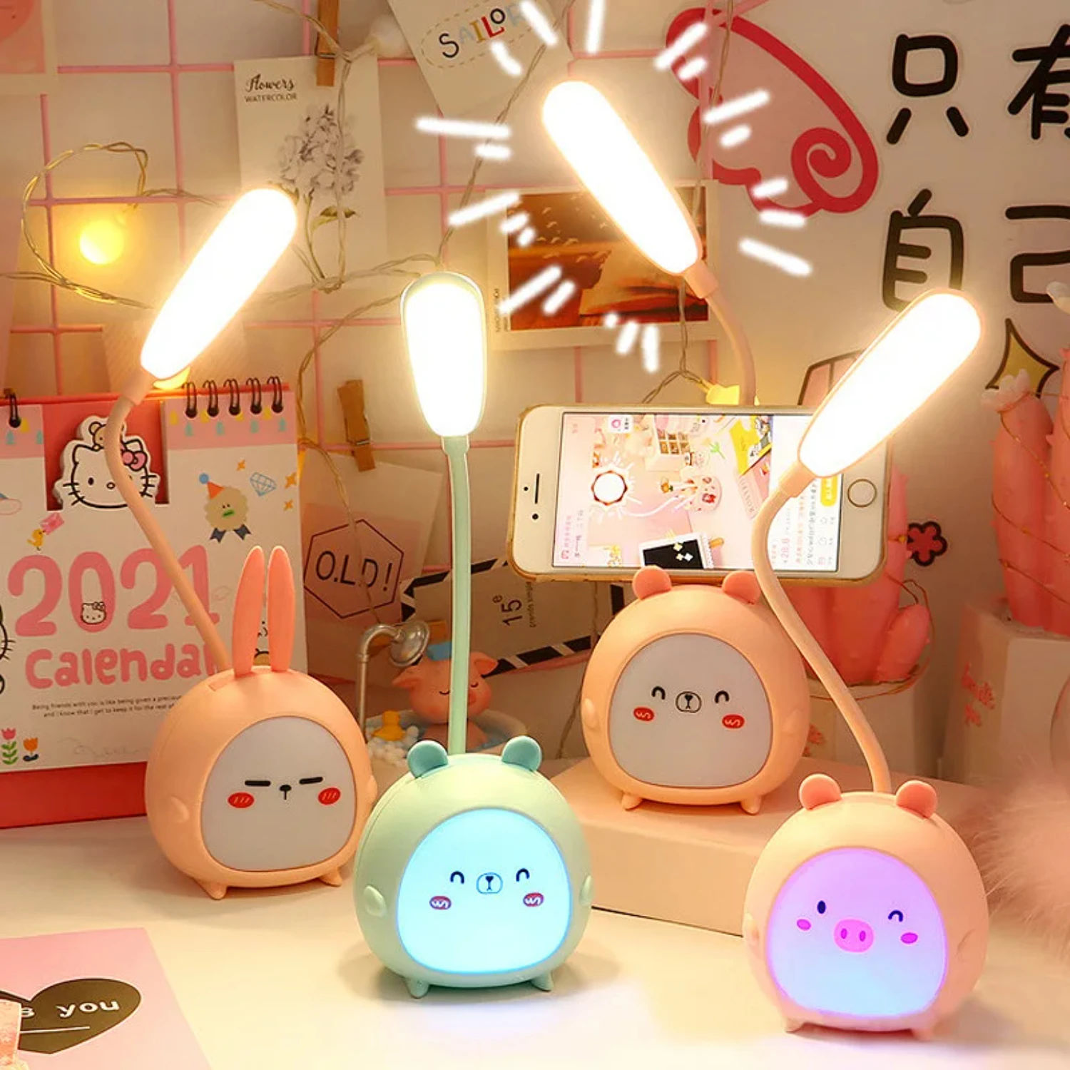 New Cute and Colorful Cartoon Rabbit USB Rechargeable LED Desk Lamp - Rechargeable LED Reading Light with Adjustable Brightness