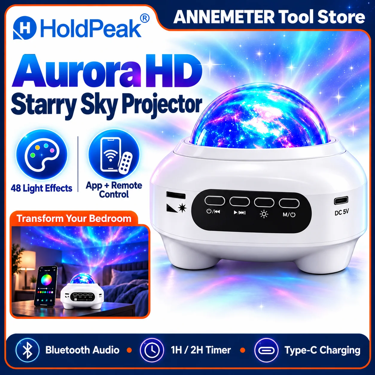 Star Projector Galaxy Night Light with Bluetooth Speaker, 48 Light Effects, App & Remote Control, Timer for Bedroom