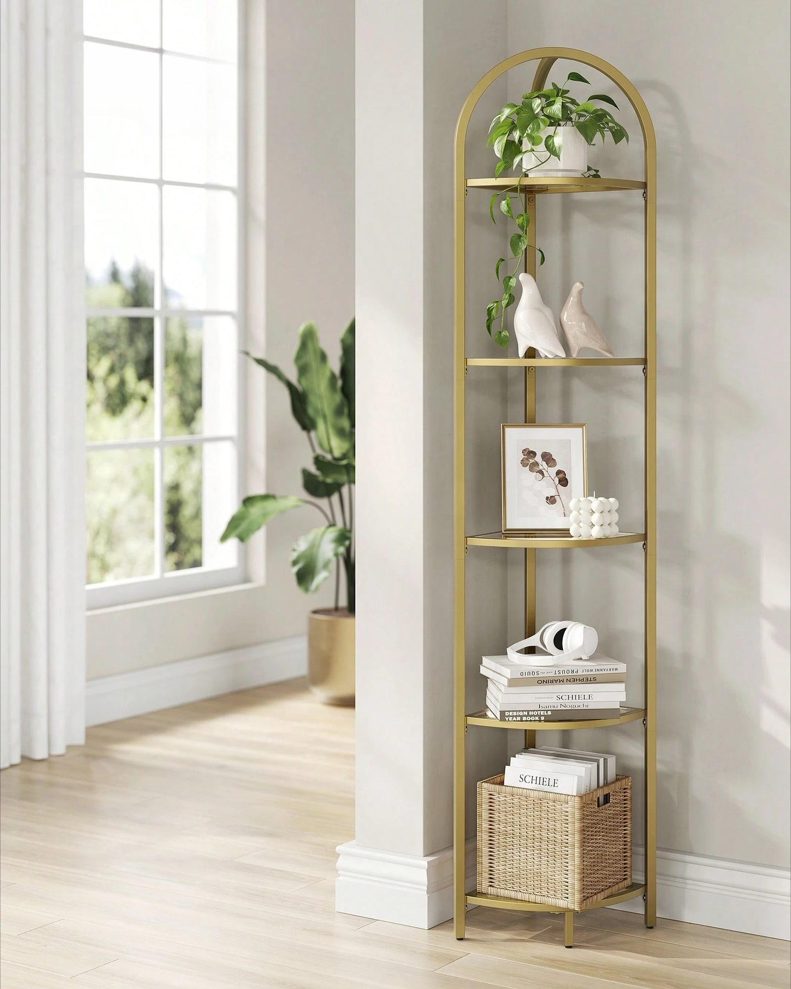 Bookshelf 5 Tier - コーナーシェルフスタンド、5段コーナーブックシェルフ、強化ガラス棚、モダンスタイル、スチールフレーム付き植物スタンド（リビングルーム、寝室、キッチン、バスルーム用）
