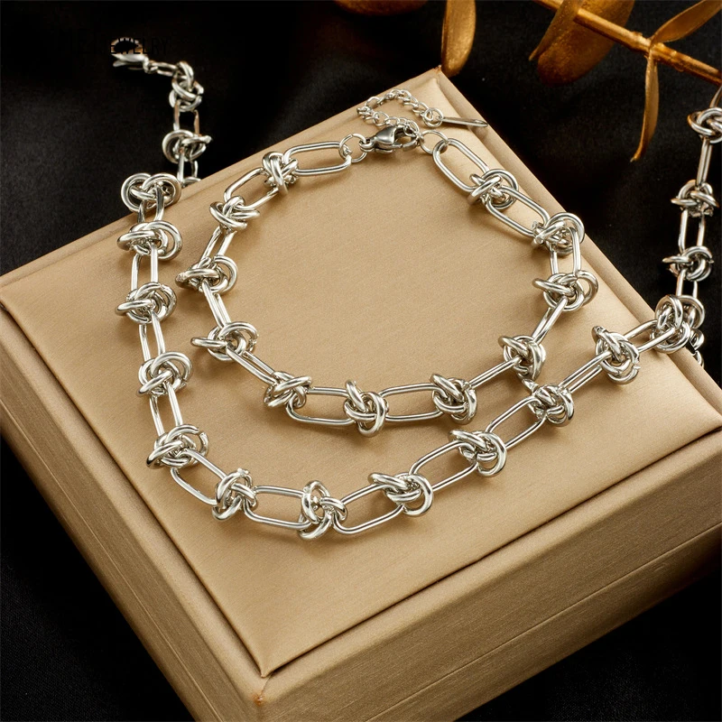 Fashion Stainless Steel Bracelet Necklace Heavy Metal Trend Hip-Hop Punk Wicker Chain Jewelry Set