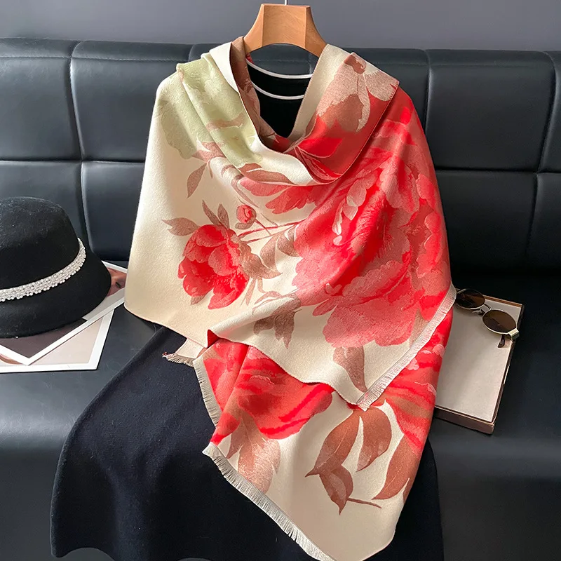 

Новый шарф 2026 года, имитация кашемира, винтажный китайский стиль с пионами, осень-зима, высококачественный, теплый, элегантный, согревающий шейный платок-шаль