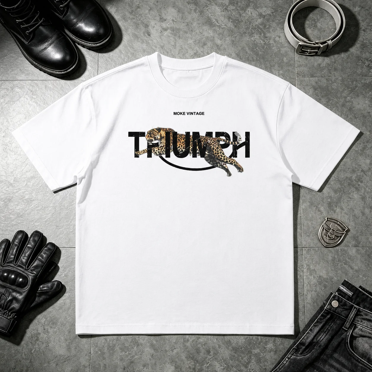 Amerikanische Motorrad-Ästhetik Triumph Leopardenmuster Atmungsaktives Baumwoll-Unisex-T-Shirt mit Rundhalsausschnitt und kurzen Ärmeln – Detail 11