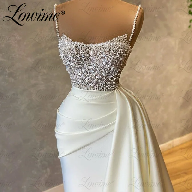 Elegant Pearls Beading Party Dresses Satin Long Ivory Evening Gowns 2023 Mermaid Arabic Prom Dress Customized Celebrity Dresses