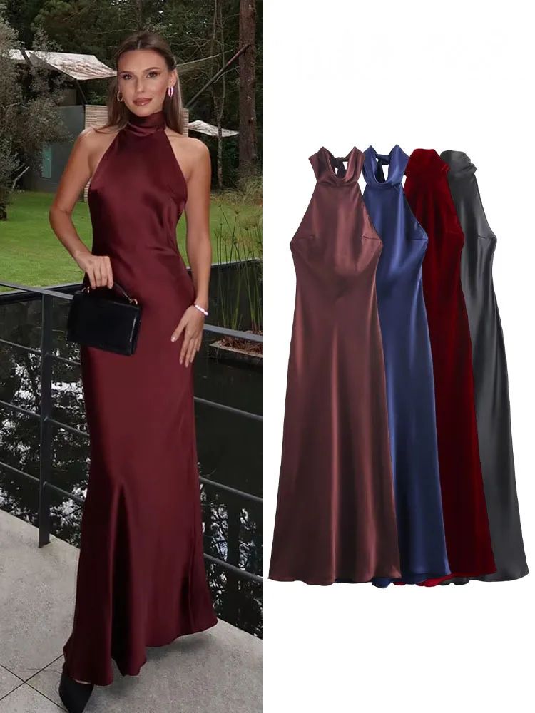 HH Women Fashion Dress Solid Sleeveless Backless Bow Decoration Zipper Female Summer Elegant Slim Long Dresses 2 Color