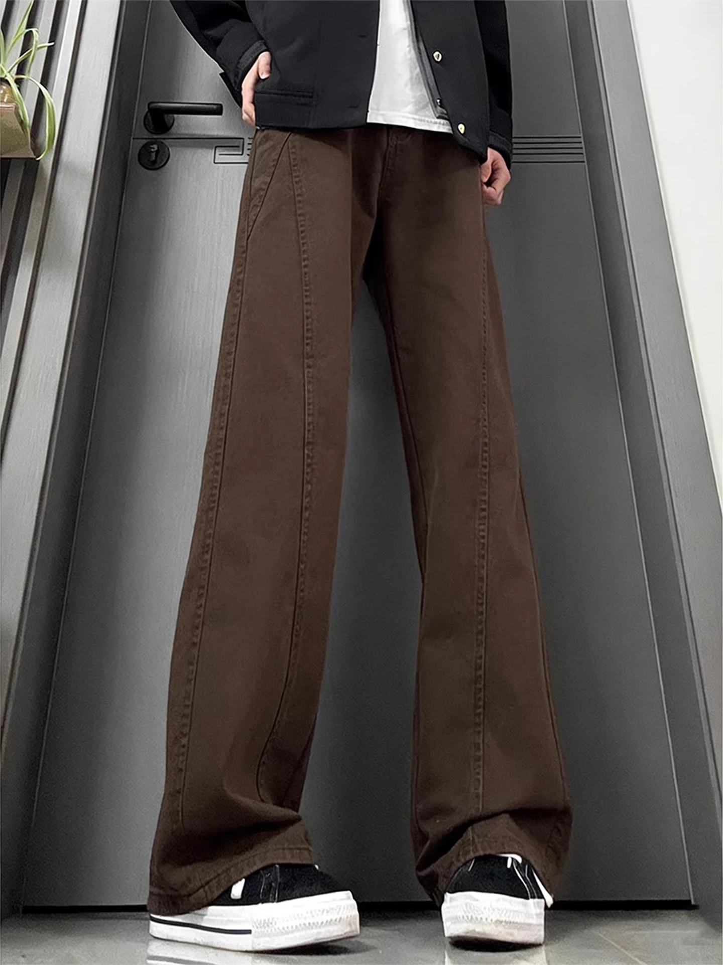 

Coffee Brown Diagonal Cut Jeans Men's Spring Autumn High Street Workwear Pants Loose Fit Straight Leg CleanFit Style