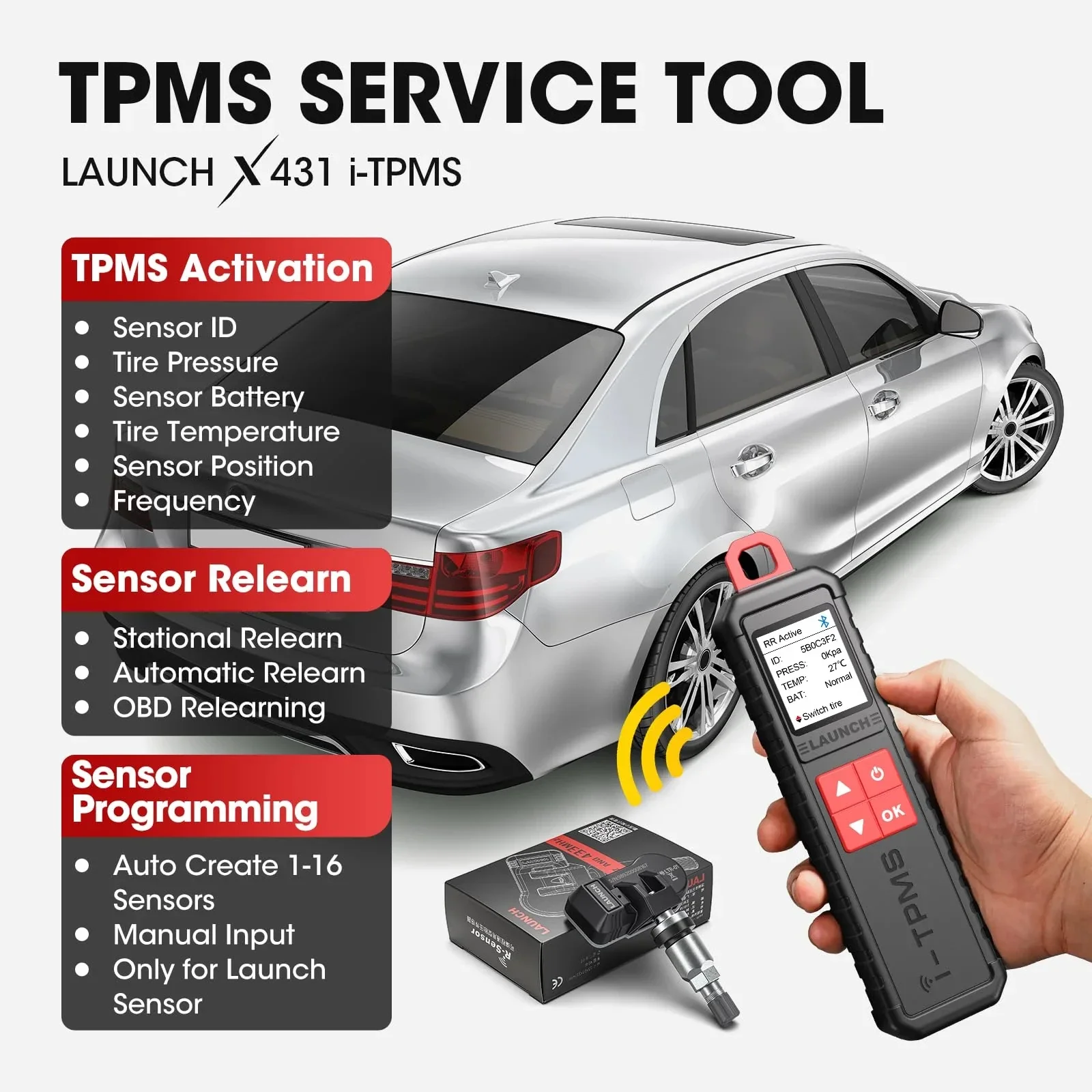 LAUNCH X431 I-TPMS Tire Pressure Diagnostic Tool TPMS Programmer, 315/433MHz Universal TPMS Sensor Activate Clone Reset & Learn