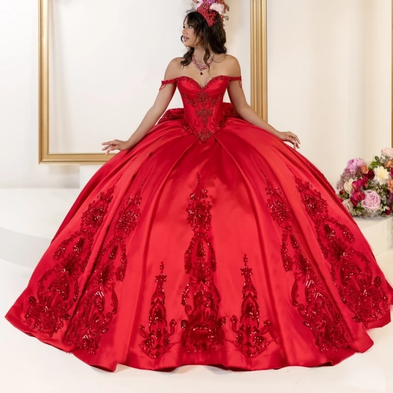 Rote glänzende Quinceanera-Kleider aus der Schulter, Pailletten-Applikation, Spitze, Perlen, Schleife, Tüll, Party, Geburtstag, süßes 16-Kleid, Vestidos 15 De