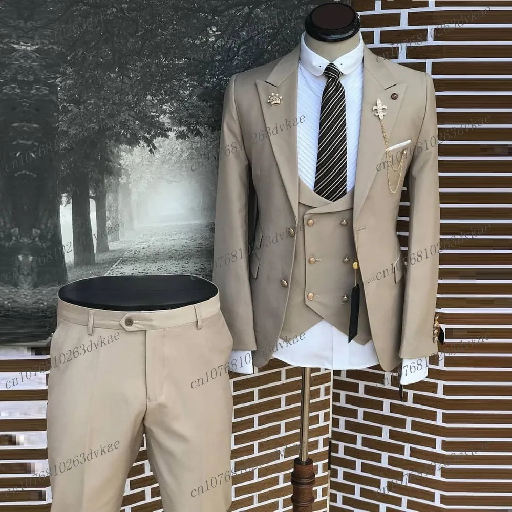 

New khaki Business Men Suit Groom Groomsman Wedding Party Dress Formal Tuxedo Male Costume Jacket Pants Vest 3 Piece Set