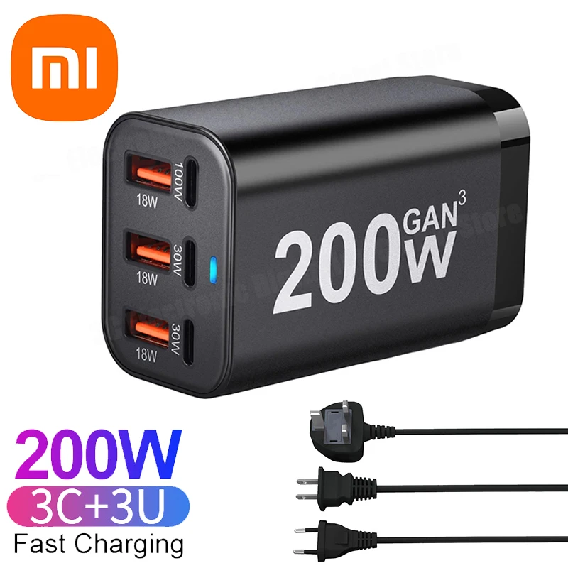 Xiaomi 200 Вт 6-портовое 3C + 3A быстрое зарядное устройство с адаптером питания для iPhone 14/13/12 серии Xiaomi Samsung Huawei
