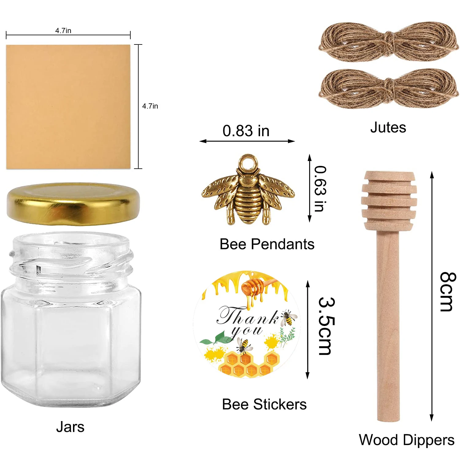 Hexagon Mini Glass Honey Jars with Wood Dippers, Gold Lids,Bee Pendants Jutes  Bee Stickers Perfect for Baby Shower,Wedding