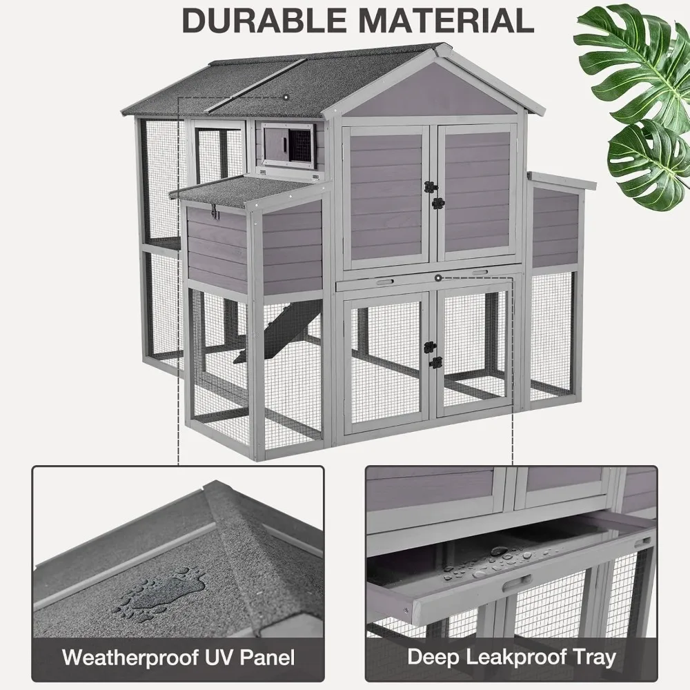 Extra Large Chicken Coop Wooden Outdoor Chicken House with Two Large Nesting Box, Leakproof Pull-on Tray and UV-Resistant Roof