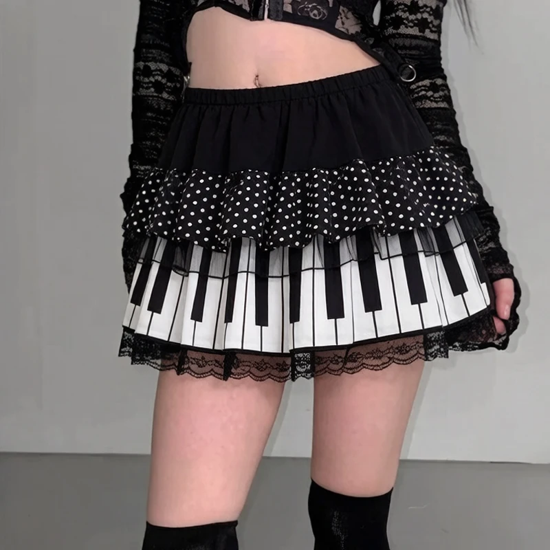 

Gothic Piano Key Printing Skirt Polka-dot Ruffled Lace Cake Skirt Minority Design High Waist Elastic Waist A-shaped Version Dail