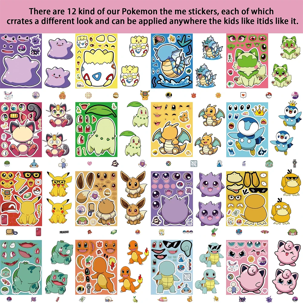 8/16sheets Cute Pokemon Anime Puzzle Stickers Pikachu Make a Face Game Fun Party Assemble Jigsaw DIY Cartoon Sticker Supplies