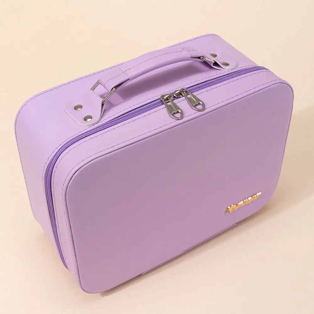 Makeup Case with Mirror Large Capacity PU Cosmetic Box Portable Storage Organizer Solid Color Cosmetic Pouch Toiletry Bag