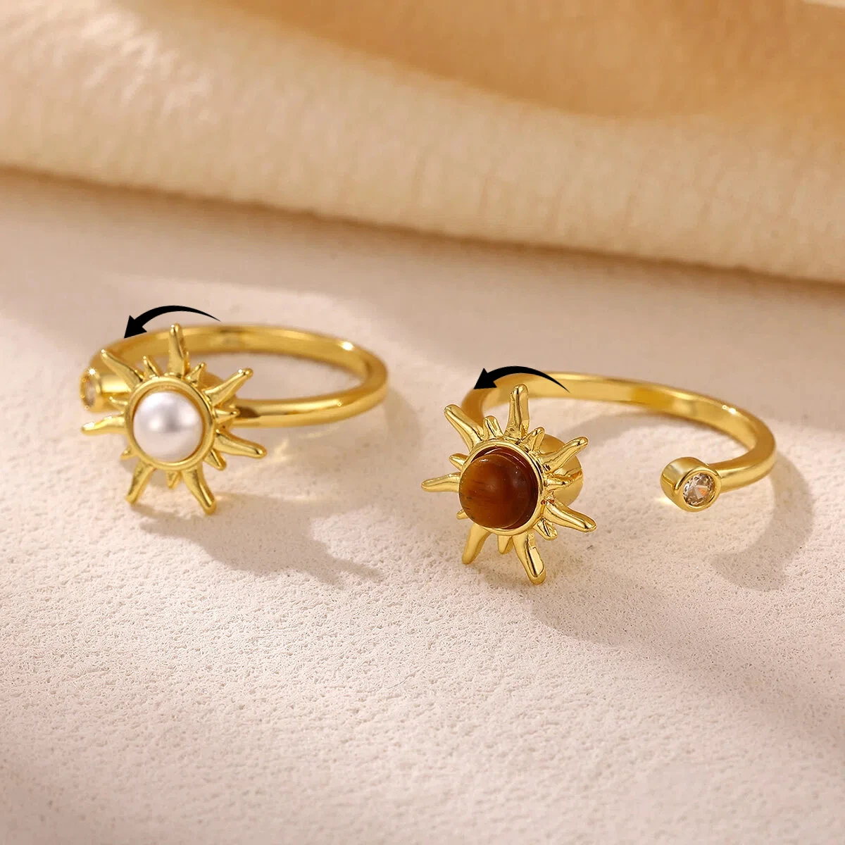 Spinning Sun Rings For Women Gold Color Pearl and Tiger Eye Stone Open Adjustable Anti Anxiety Ring Fiaget Rotatable Jewelry