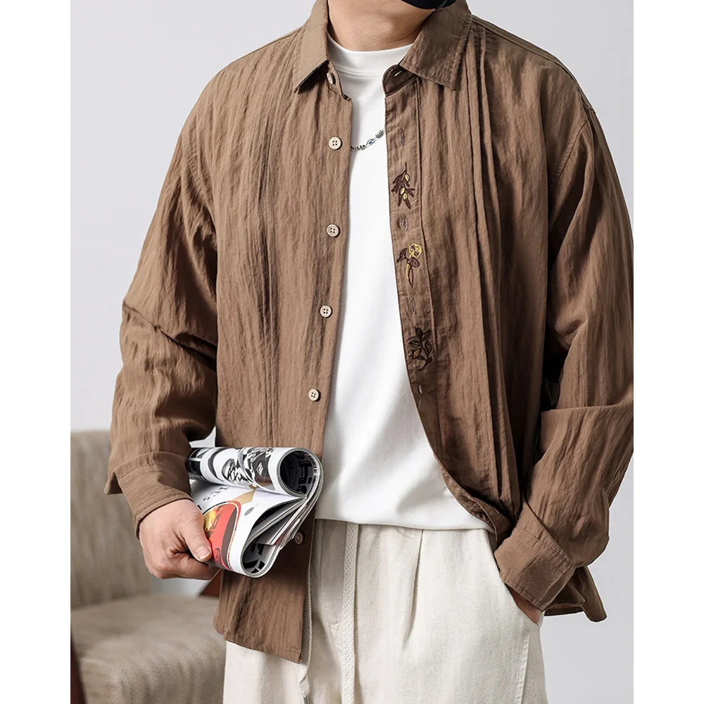 Old Money Style Embroidery Folds Vintage Lightweight Shirt Men French Fashion Long Sleeve Loose Casual Commuter Shirt Blouse