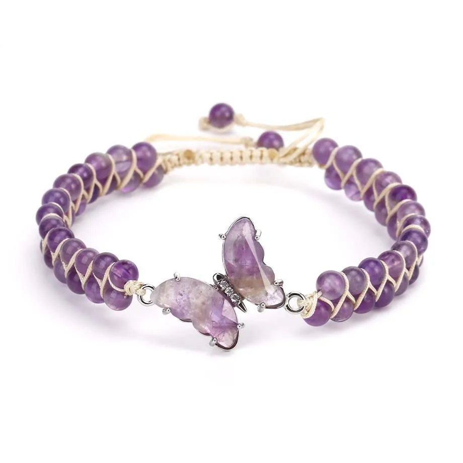 

Crystal Butterfly Round Beads Stone Braided Macrame Bracelets For Women Natural Amethyst Quartz Handmade Weave Bracelet Jewelry