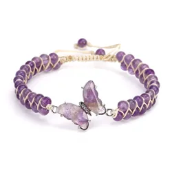 Crystal Butterfly Round Beads Stone Braided Macrame Bracelets For Women Natural Amethyst Quartz Handmade Weave Bracelet Jewelry