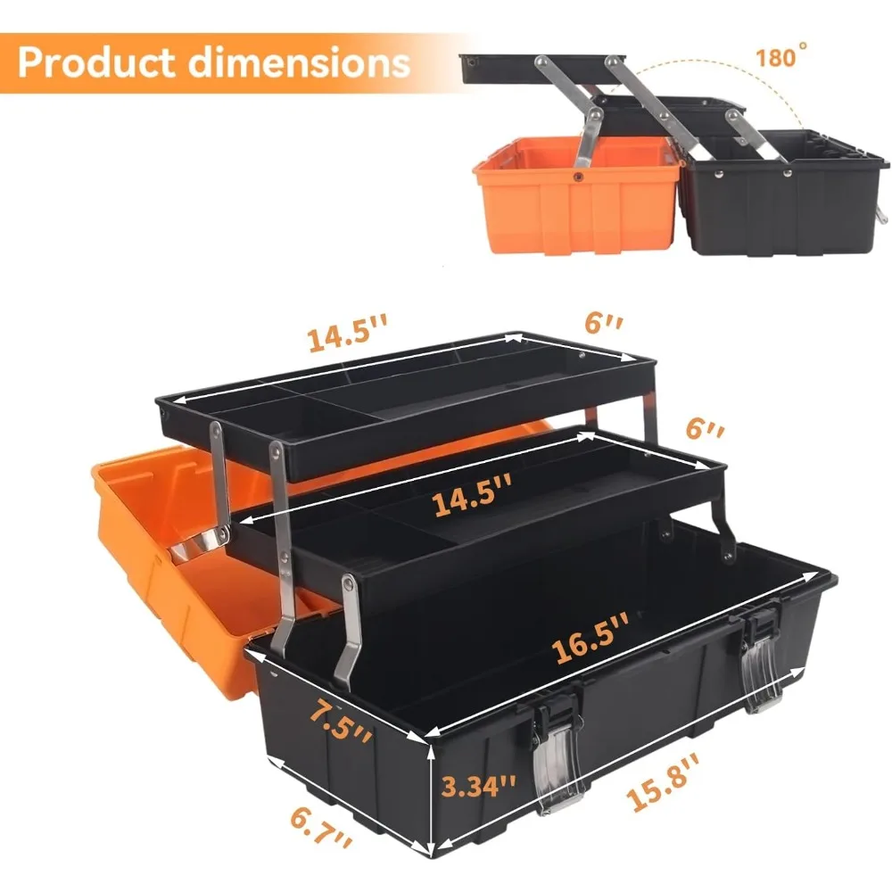 منظم صندوق أدوات بلاستيكي قابل للطي مكون من 3 طبقات مقاس 16.5 بوصة مع مقبض محمول للمنزل والمكتب وصيد الأسماك في السيارة