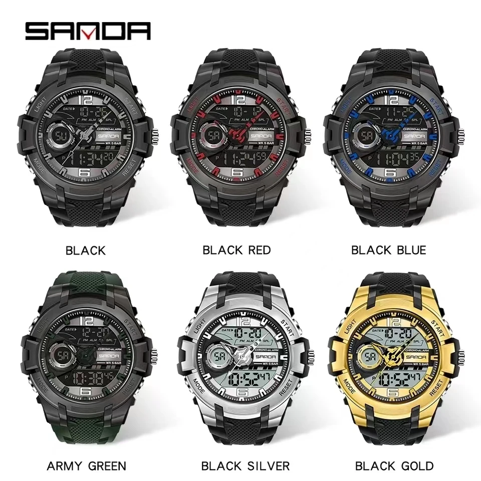 SANDA 6015 Fashion Alarm Mode Sports Hand Clock for Teenagers Multiple Functions Waterproof Luminous Analog Digital Wrist Watch