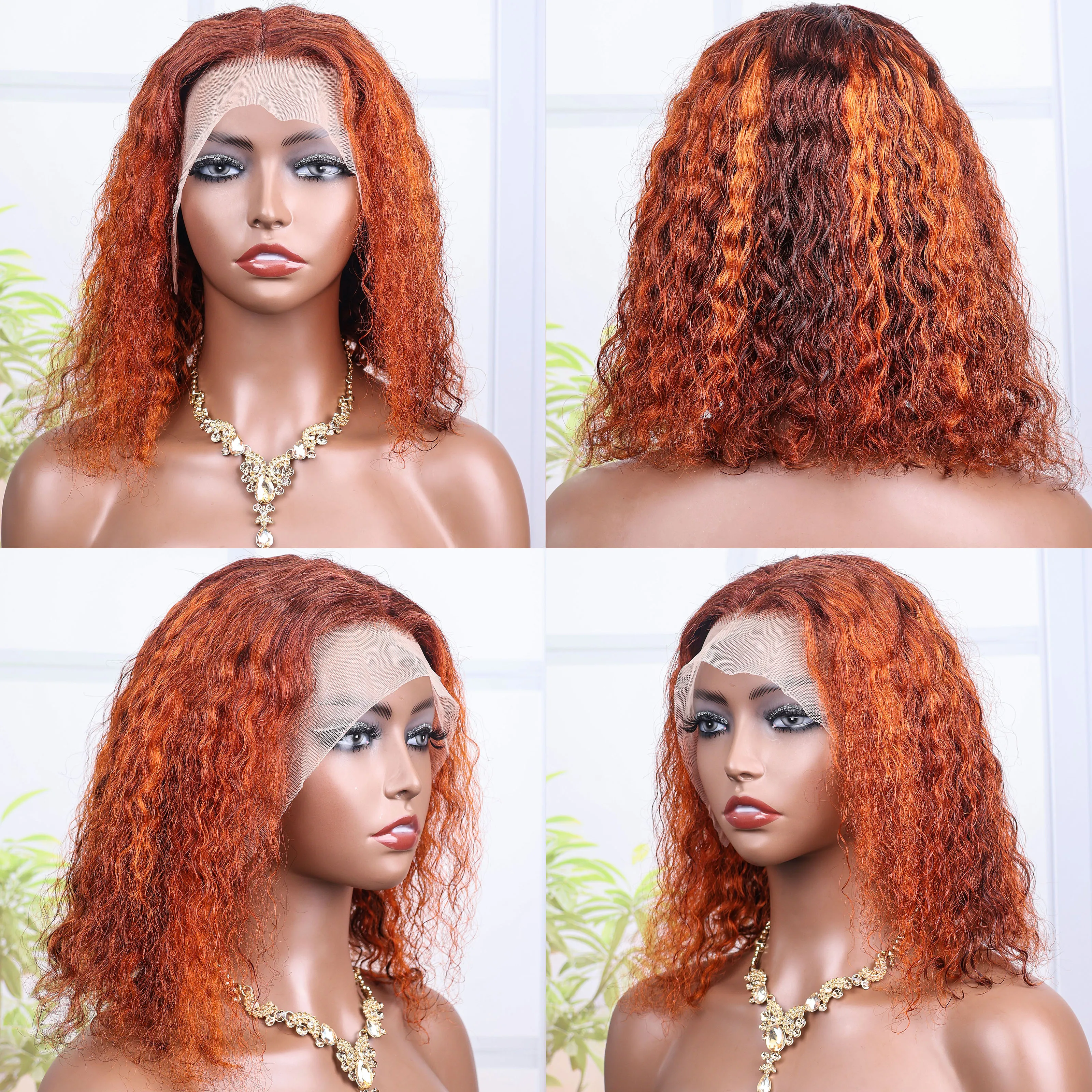 Perruque Bob Lace Front Wig naturelle, cheveux humains, couleur gingembre, Orange, marron, P4/350, reflets 13x4, Deep Wave, densité 200, pour femmes