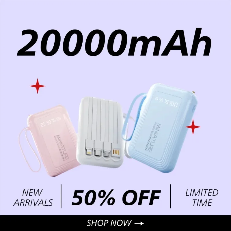 20000mAh Power Bank with Built-in Cable 3C Certified Large Capacity Compact and Portable