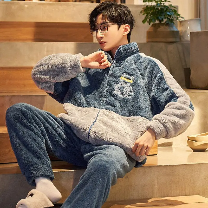 Fall and Winter New Stand-up Collar Zipper Casual Suit Coral Fleece Thickened Warm Loungewear Can Be Worn Outside Men's Pajamas