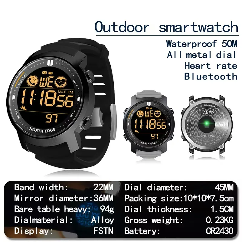 NORTH EDGE LAKER Smart Watch Men WR50M 50M Waterproof Heart Rate Monitor Pedometer Stopwatch Outdoor Sport Fitness Smartwatch Fo