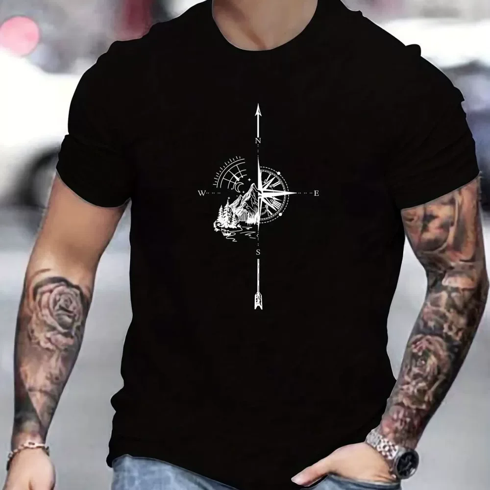 Men's 100% cotton compass printed T-shirt with compass rose and nautical design, summer and spring streetwear