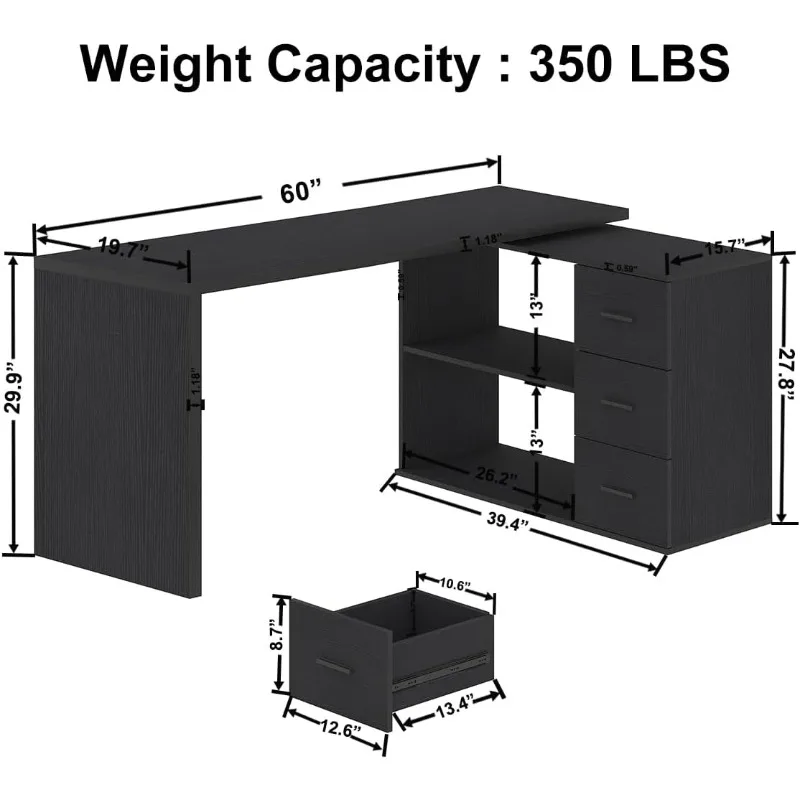 Black L Desk with Drawers Shelves, Large Reversible L Shaped Desk with Storage Cabinet, Corner Home Office Computer Desk