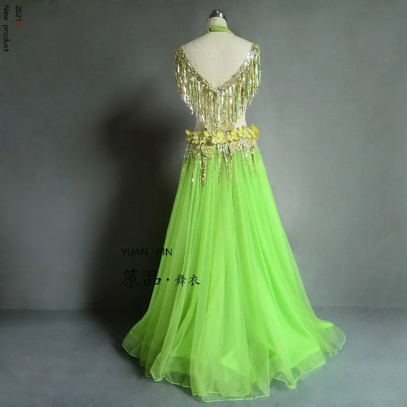 Customized Belly Dancewear Rhinestone Accessories Group Stage Suit Performance Costume Belly Dancing Bra Tassel Split Skirt Set
