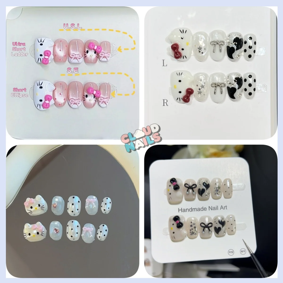 

10PCS Summer Handmade New Product Polka Pink Black Red Bow Hello Kitty Cute Eith Polka Dot Cat Eyes And Short Nails Fake Nails
