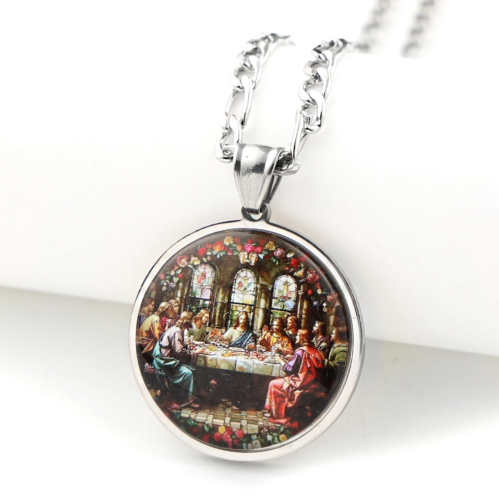 The Last Supper 12 Apostles of Jesus Christ Glass Round Medal Pendant Necklace Stainless Steel Christian Amulet Chain Jewelry