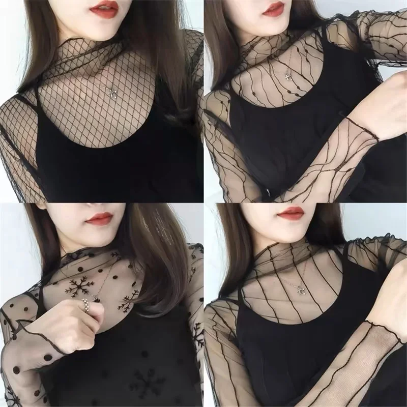 New Women Fashion Lace Floral T Shirt Transparent Mesh Ladies Tops Sheer Blouses Autumn See-Through Turtleneck Black Long Sleeve