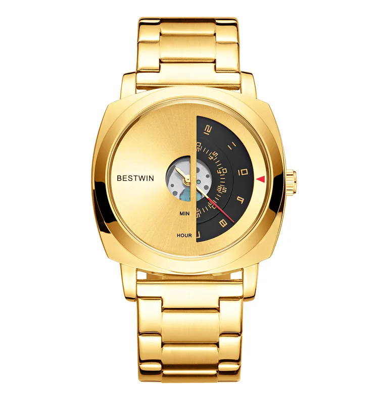 2026 Fashion BestWin Unique Creative Men's Watch Gold Full Stinaless Steel Sports Waterproof Quartz Pointer Folding Buckle Watch