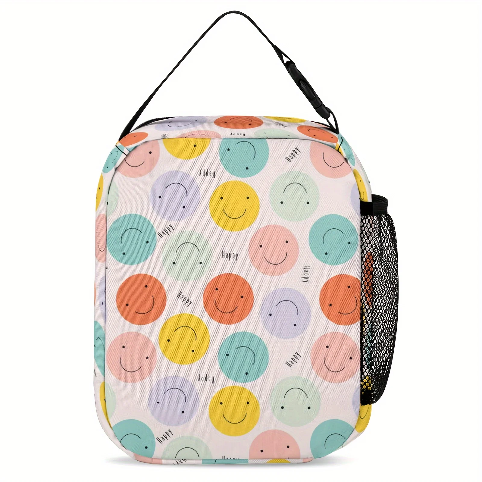 Portable Insulated Lunch Bag with Colorful joyful Face Design - Easy-Clean Polyester, Hand Wash Only, Mesh Side Pocket for Added