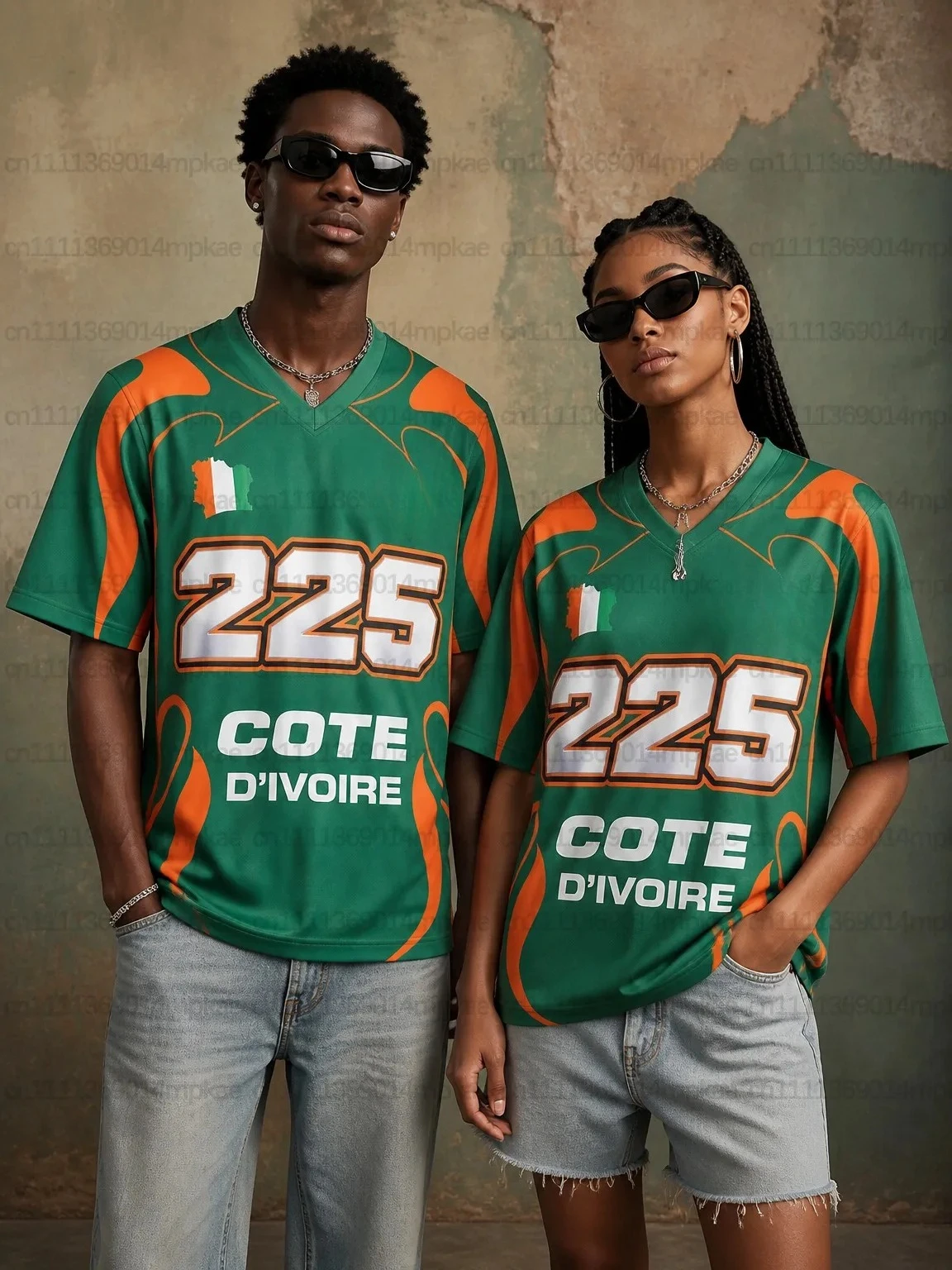 Summer Retro Street Style Men's and Women's T-shirts, Sports Competition T-shirts, Ivory Coast Print V-neck Short-sleeved Tops