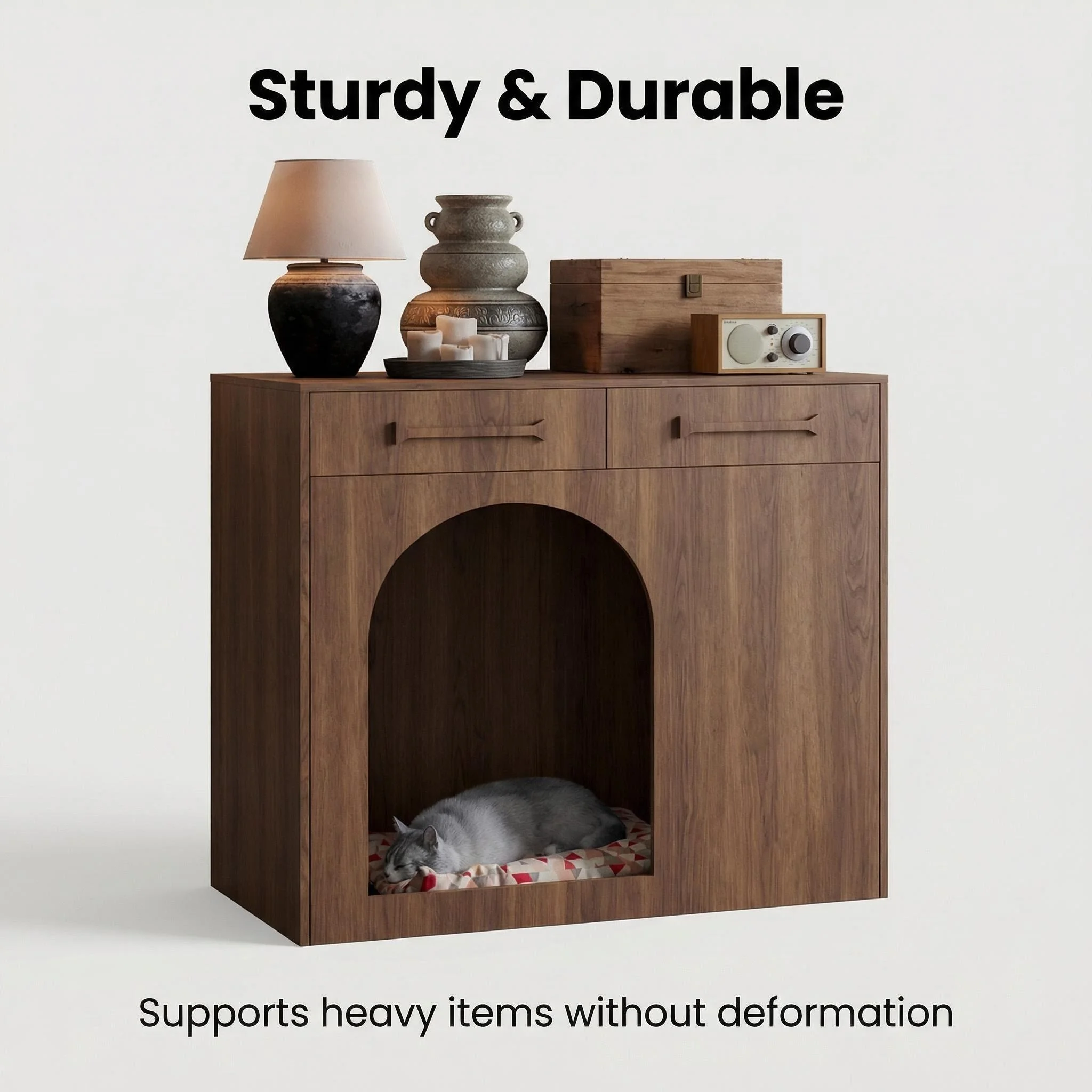 Luxury Modern Multi-Function Wooden Cat House Nightstand & Sofa Side Table with Cat Cave Bed-End Table for Living Room