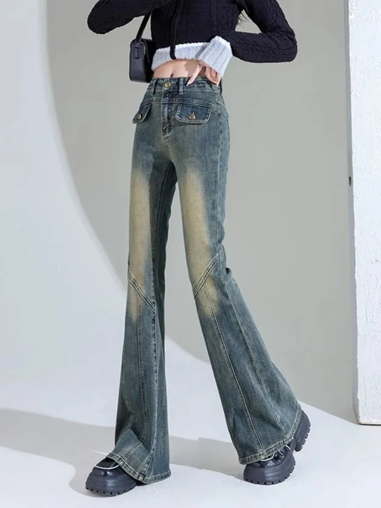 Donna nuovi jeans svasati oversize moda a vita alta pantaloni femminili slim fit in denim con fondo a campana pantaloni blu retrò femminili