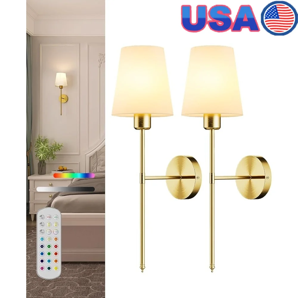 

Battery Operated Wall Sconce Set of 2 Dimmable Rechargeable Bulbs Remote Control Adjustable Brightness Timer Memory Function