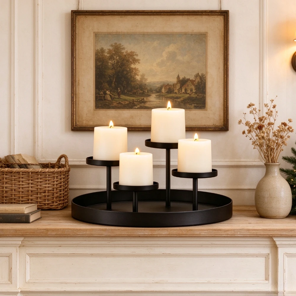 Multi-layer Black Metal Candelabra 4 Pillar Candle Holder Round Base Wax Catching Tray Wedding Party Christmas Decoration