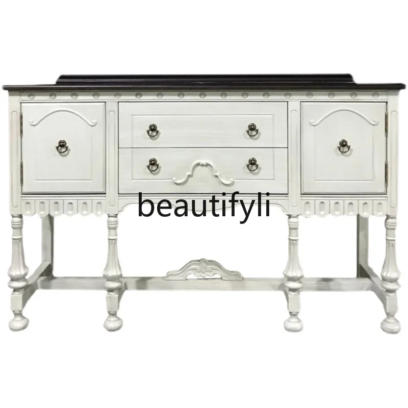 

French retro dining side cabinet American rural entrance door cabinet solid wood carving flower decorative cabinet