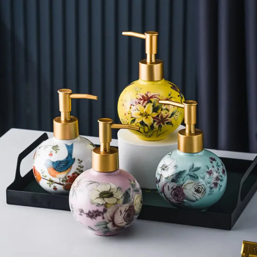 Colorful Flower-and-bird Decorative Ceramic Emulsion Bottle Bathroom Accessories Household Shampoo Makeup Remover Container